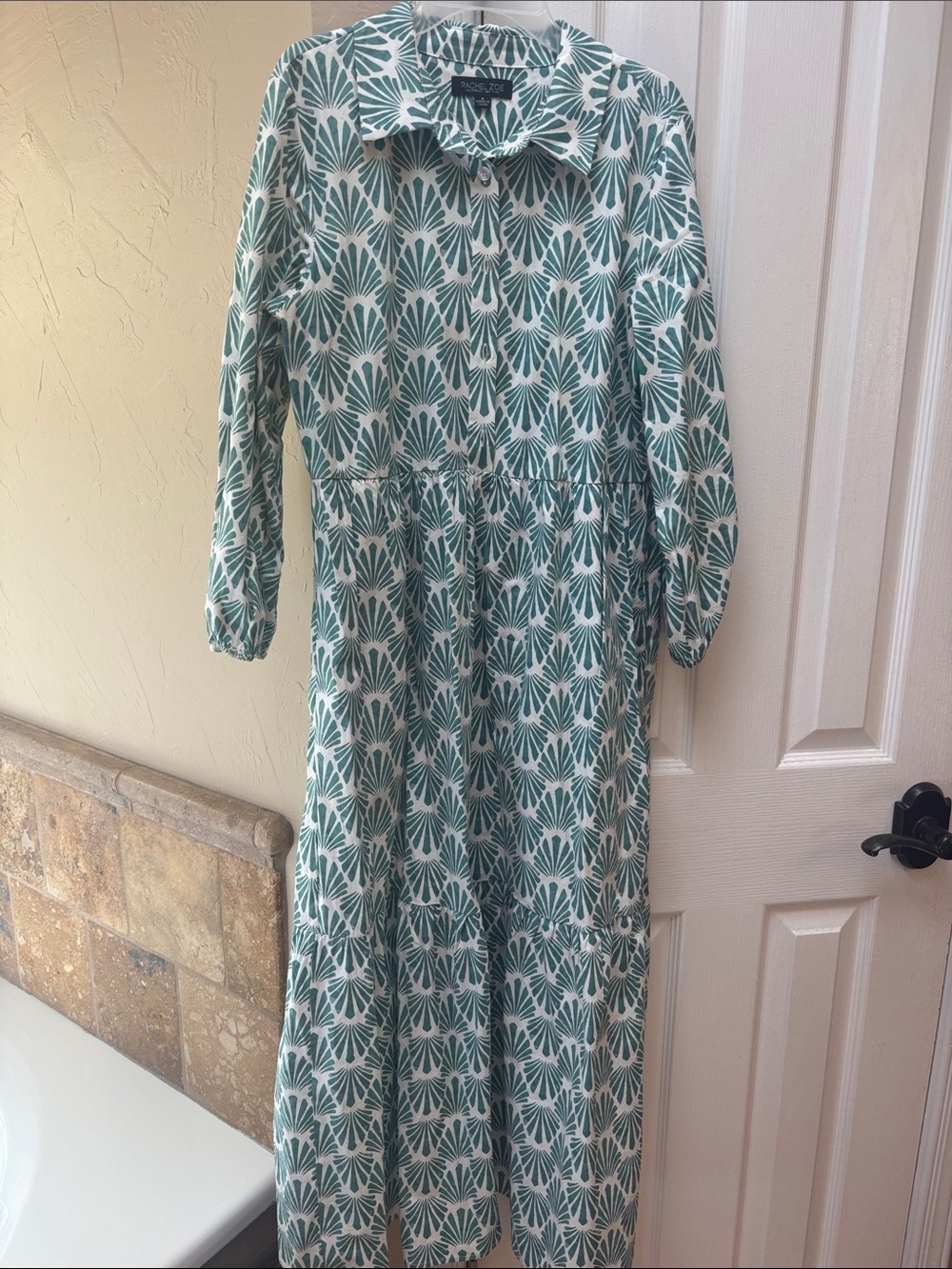 Rachel Zoe White and Teal Printed Long Sleeve Maxi Dress